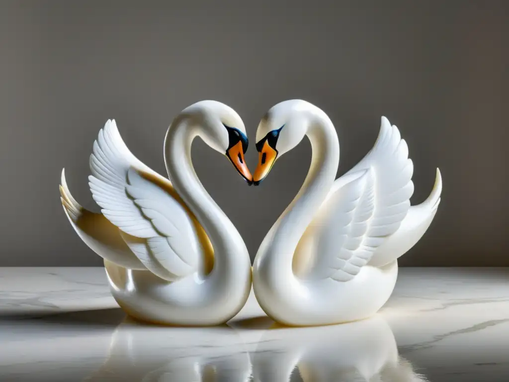 Escultura Feng Shui: dos cisnes entrelazados formando un corazón con sus cuellos, reflejando amor y armonía en el hogar