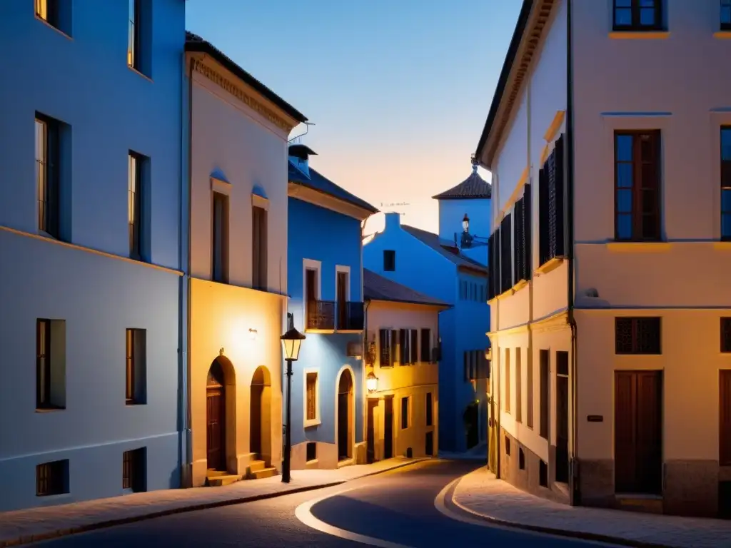 Una ciudad serena al anochecer, con cálidas luces de calle que crean una atmosfera acogedora y armoniosa