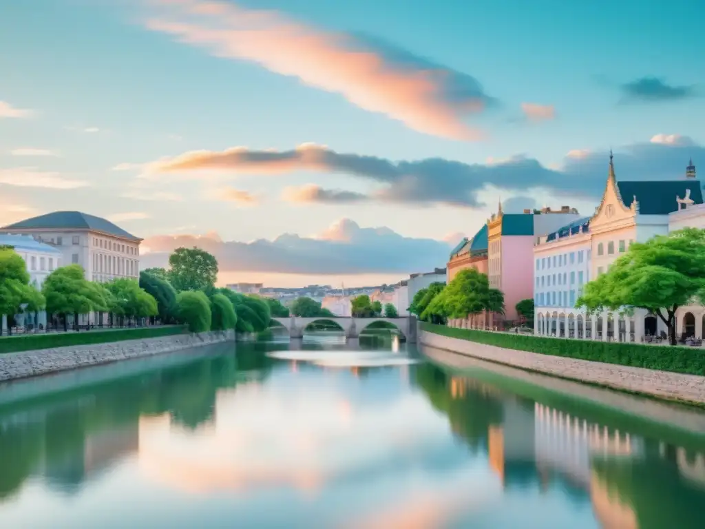 Una ciudad serena con líneas limpias y armoniosa arquitectura, reflejando los Principios del Feng Shui en Urbanismo