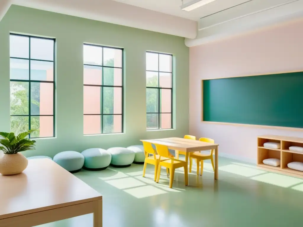 Clase tranquila con colores en Feng Shui para niños, diseño ergonómico y plantas verdes