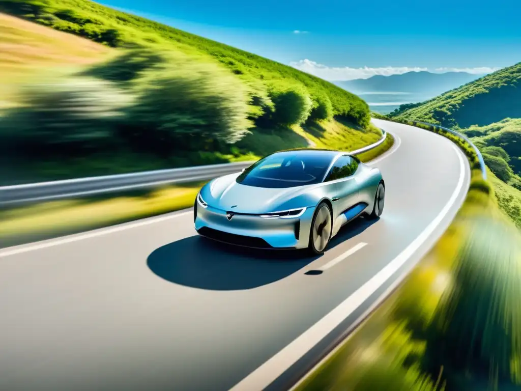 Un coche eléctrico futurista y minimalista se desliza por una serena carretera, en perfecta armonía con el paisaje natural