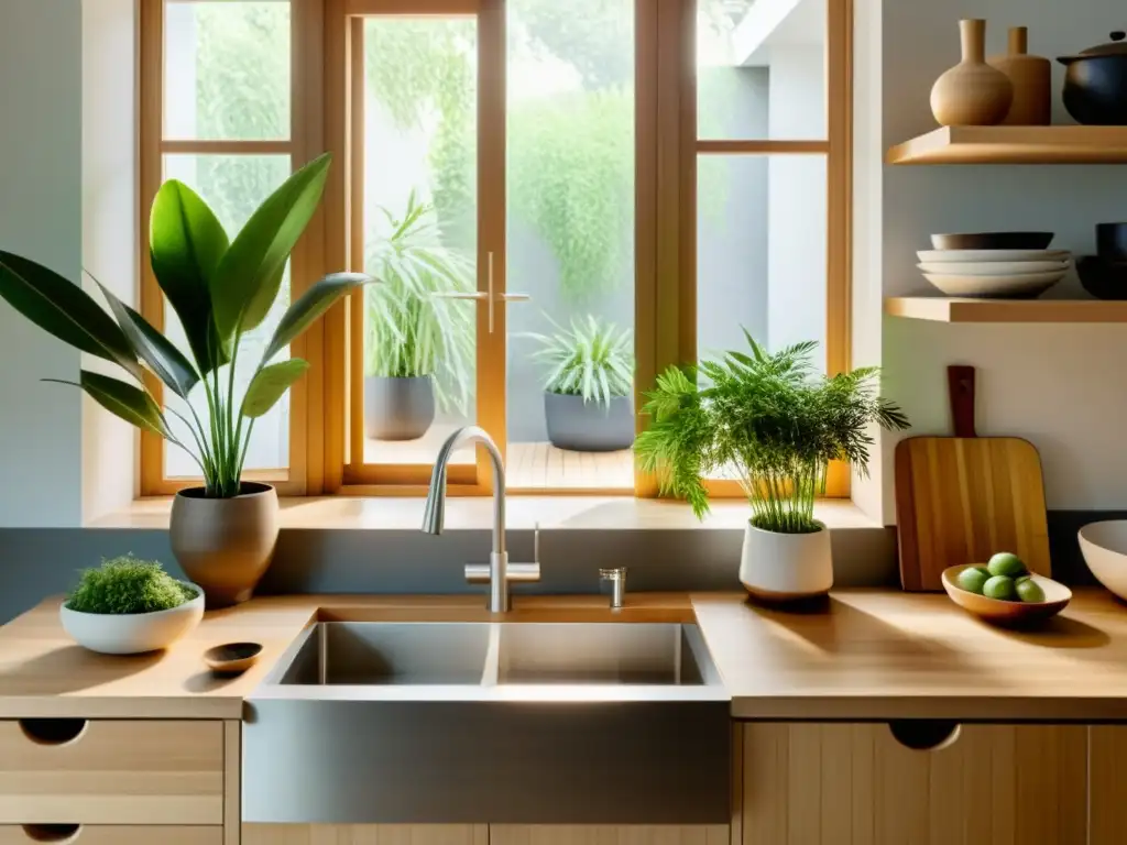 Cocina Feng Shui para armonía: un ambiente sereno y minimalista con plantas, utensilios de cocina y luz natural