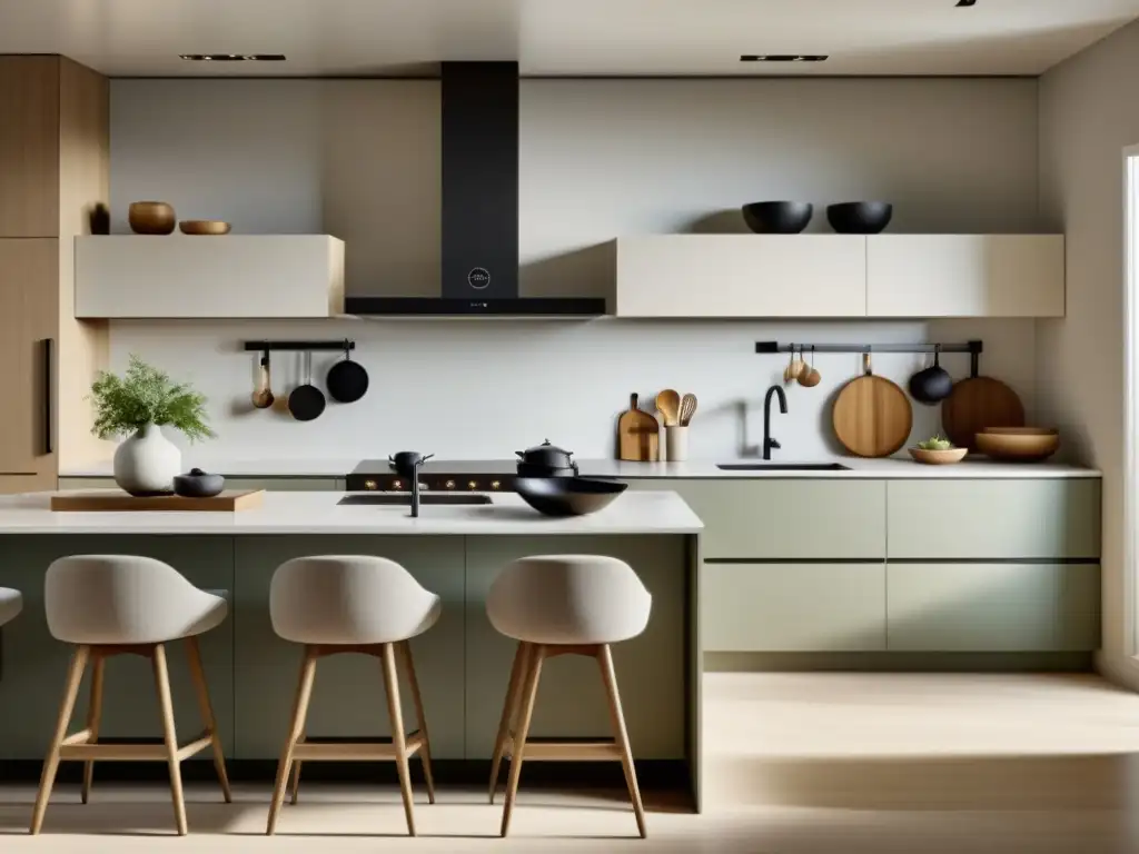 Feng Shui en la cocina: armonía y tranquilidad en un espacio sereno con líneas limpias y paleta de colores neutros