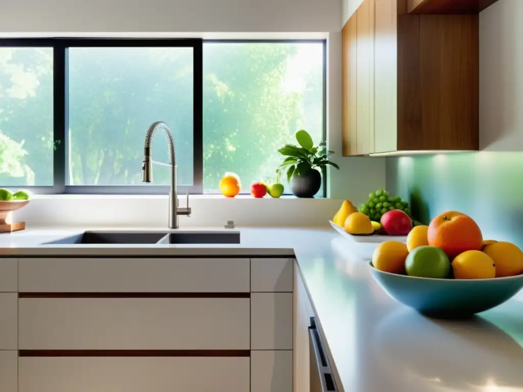 Cocina Feng Shui para armonía: cocina minimalista con frutas frescas vibrantes en una encimera blanca, bañada por luz cálida