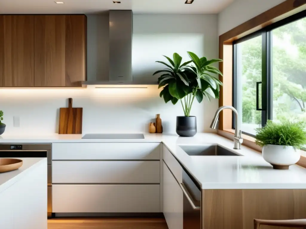 Transforma tu cocina con Feng Shui: Cocina moderna y tranquila con luz natural, plantas y detalles de madera