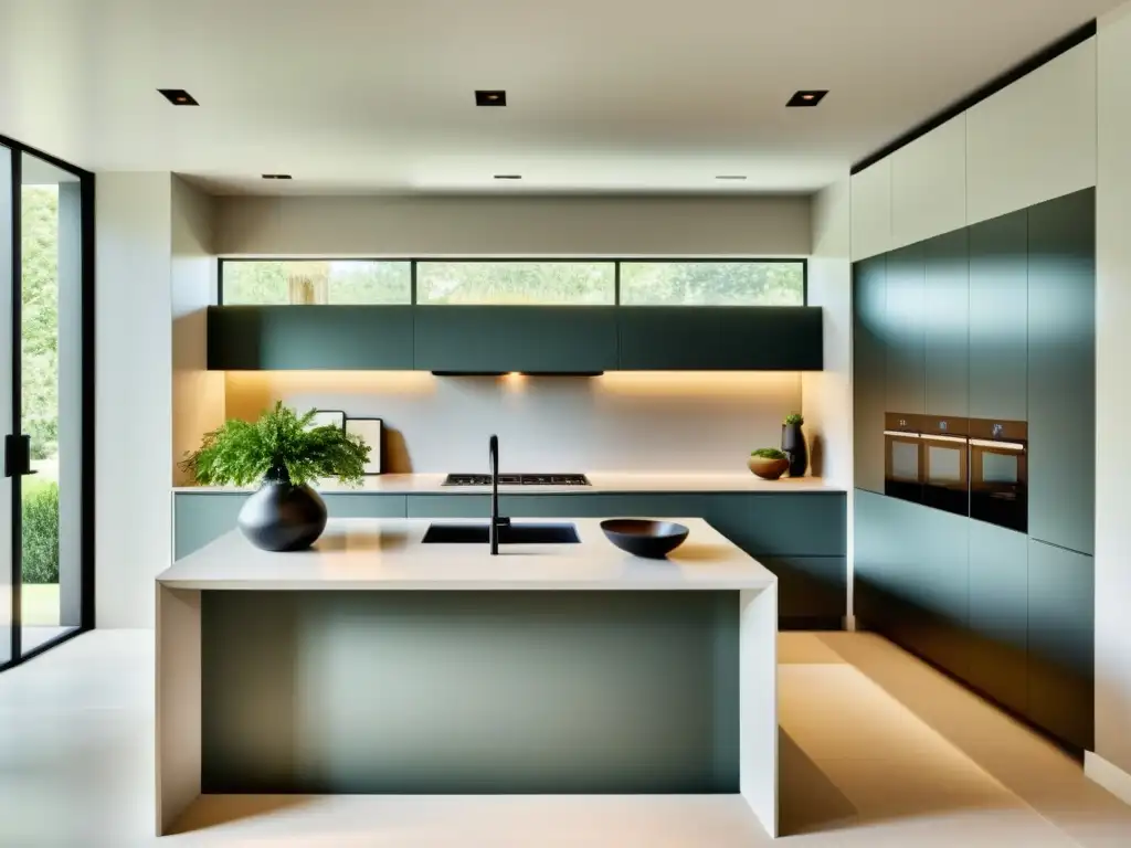 Una cocina elegante con diseño minimalista y una paleta de colores neutros