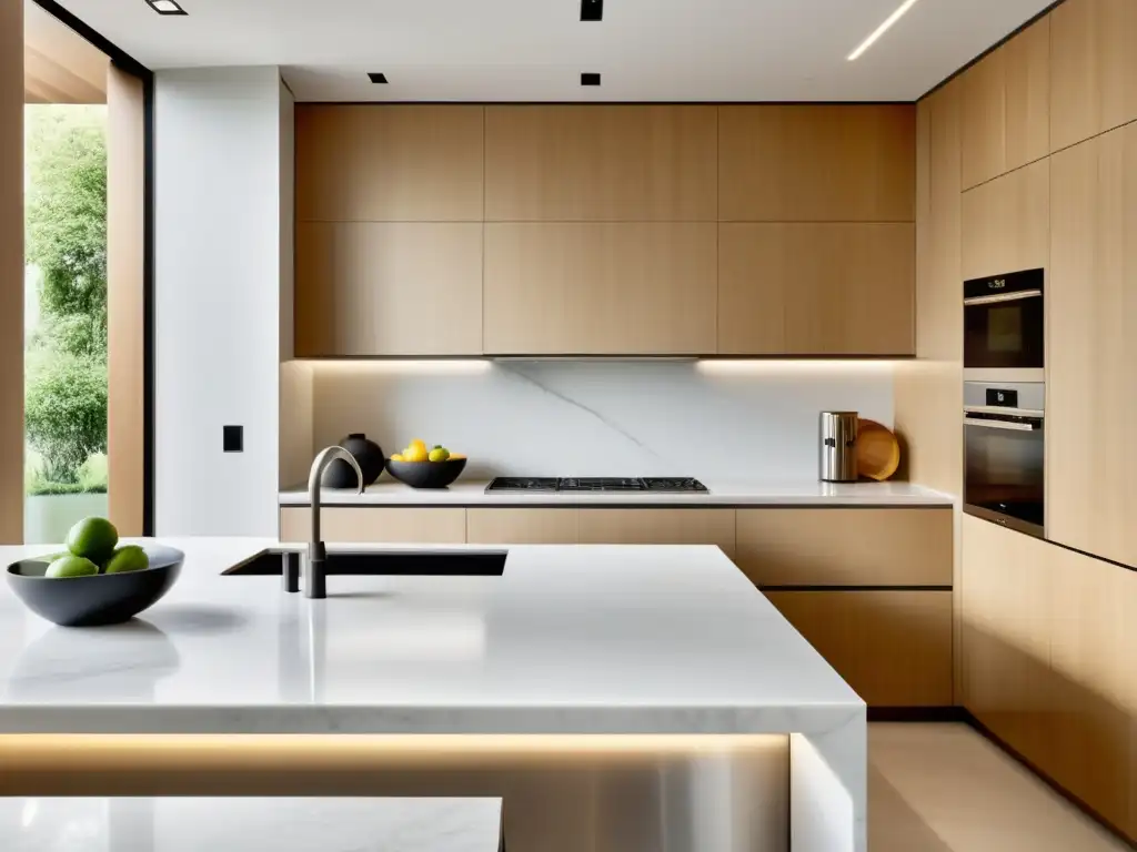 Cocina minimalista con mármol blanco y madera natural Una cocina elegante y minimalista con equilibrio de los 5 elementos en la decoración: mármol blanco, madera natural y acero inoxidable