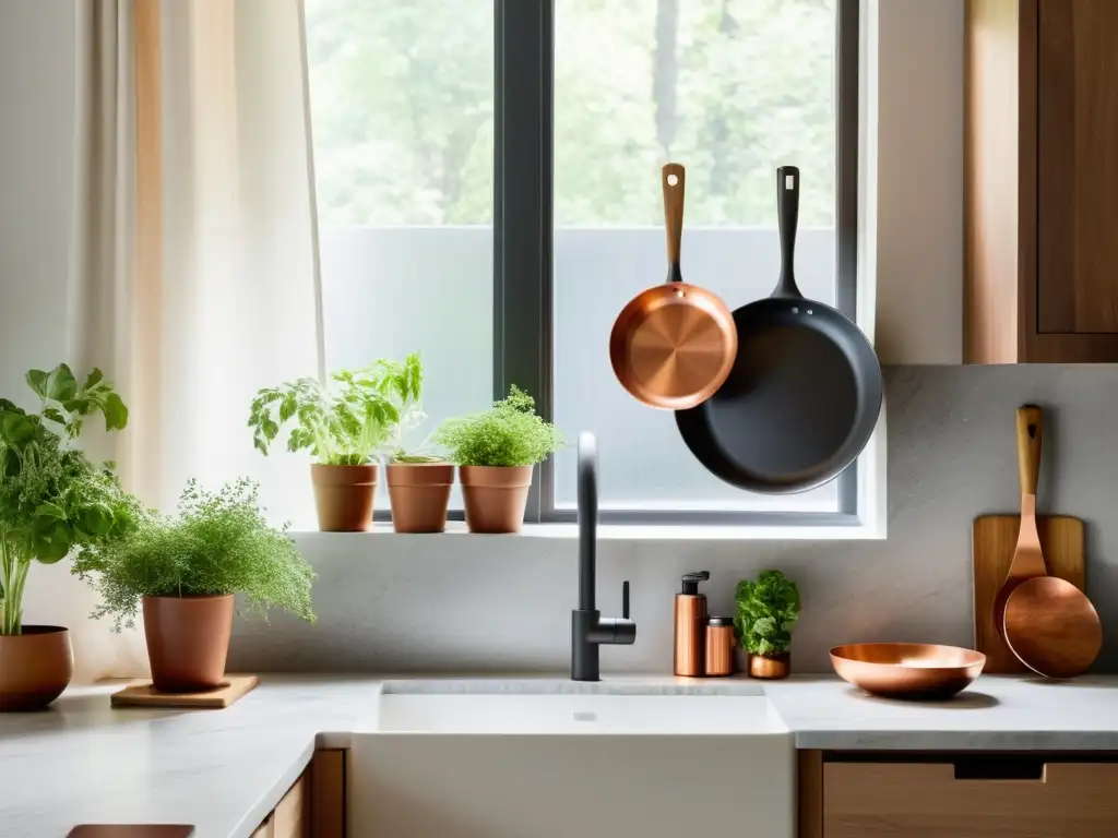 Feng Shui cocina equilibrada: cocina serena y minimalista con tonos terrosos, luz natural suave y utensilios de cocina de cobre organizados