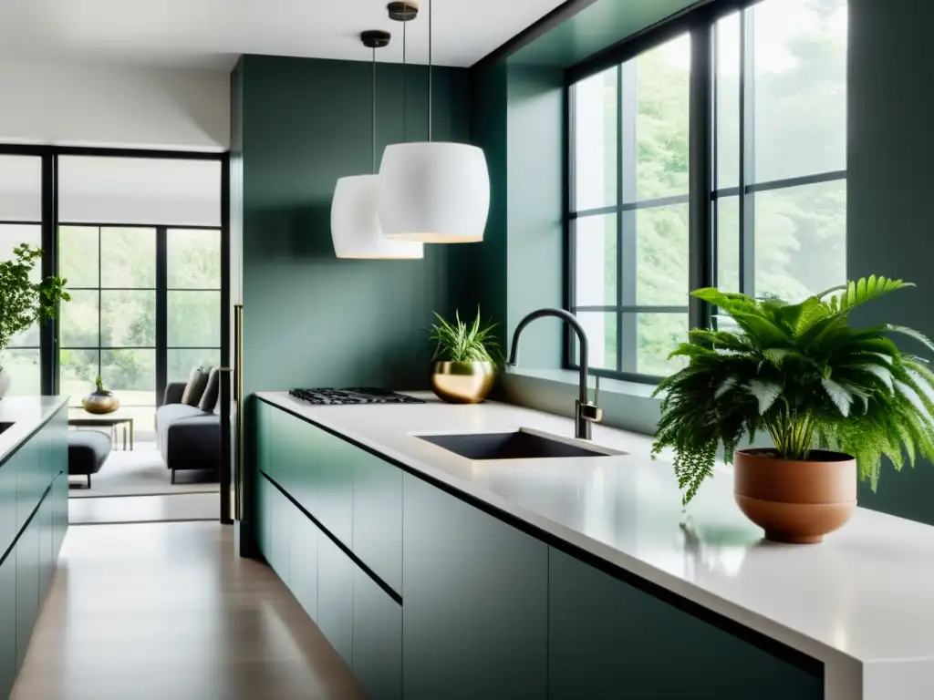 Transforma tu cocina con Feng Shui: Espacio minimalista y armonioso con líneas limpias, decoración minimalista y plantas estratégicamente ubicadas