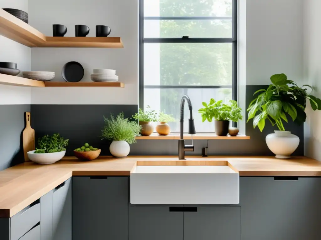 Cocina Feng Shui para armonía: Espacio minimalista con luz natural, tonos neutros y toques de verde en un ambiente sereno