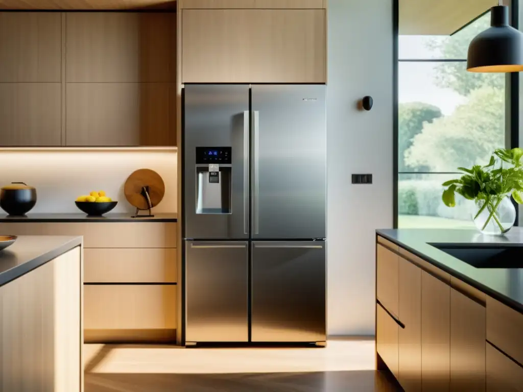 Una cocina espaciosa y bien iluminada con un moderno y elegante refrigerador en una ubicación ideal según los consejos de Feng Shui