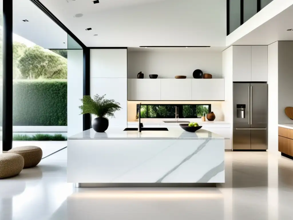 Una cocina espaciosa y minimalista con elementos de Feng Shui, luz natural y diseño armonioso