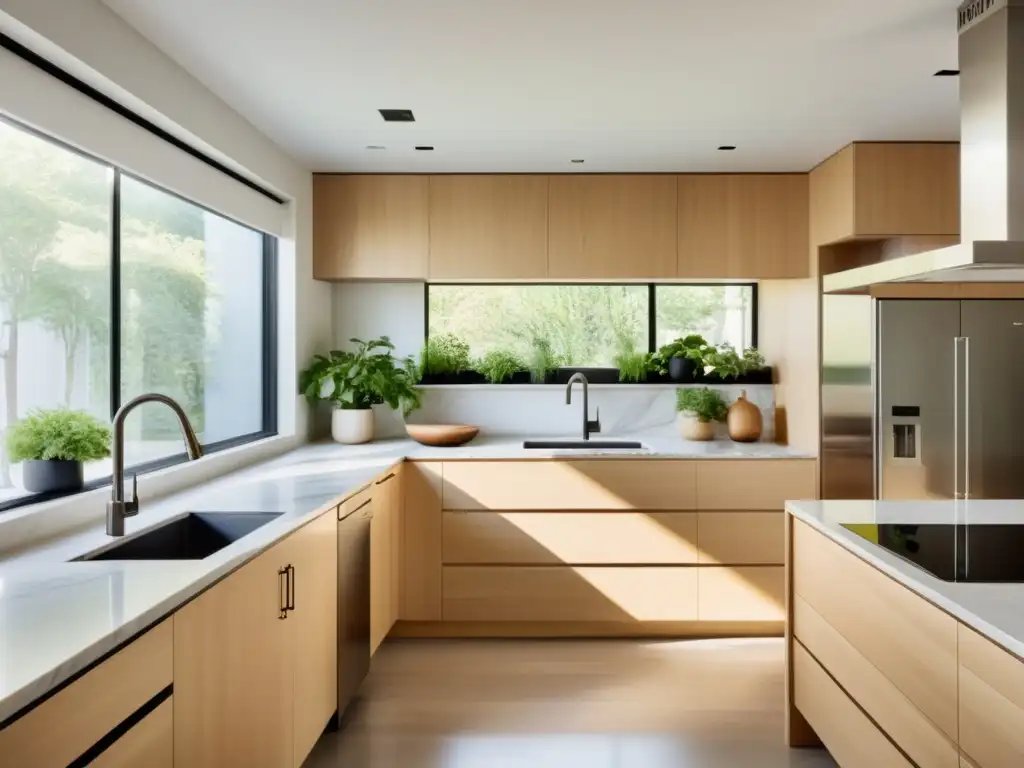 Una cocina espaciosa y minimalista con luz natural, muebles de madera clara y una hermosa armonía