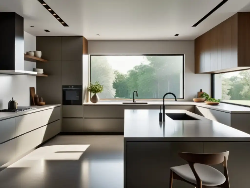 Cocina de diseño Feng Shui en armonización, con líneas limpias, colores neutros y luz natural a través de grandes ventanas