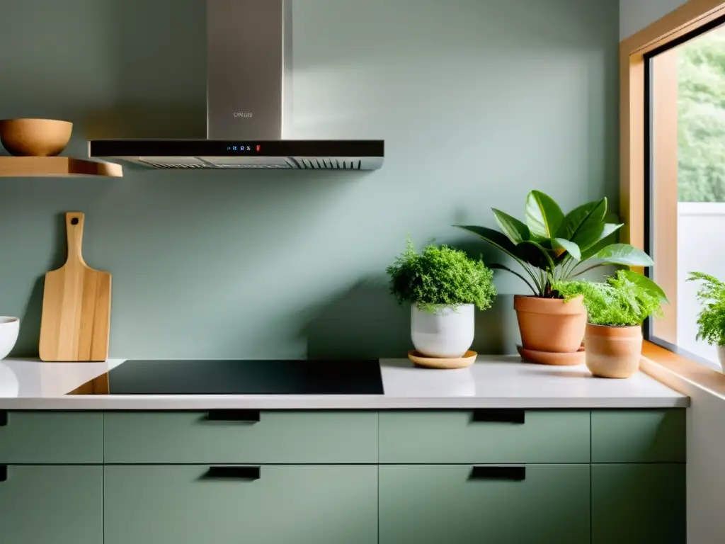 Una cocina Feng Shui para armonía con líneas limpias, paleta de colores relajante y luz natural que inunda el espacio, creando tranquilidad