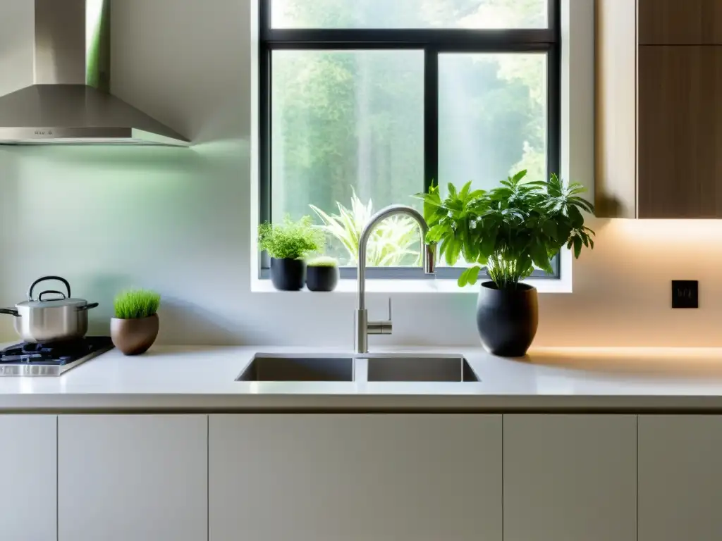 Transforma tu cocina con Feng Shui: Minimalismo, pureza y armonía en un espacio luminoso y sereno con plantas verdes en la ventana