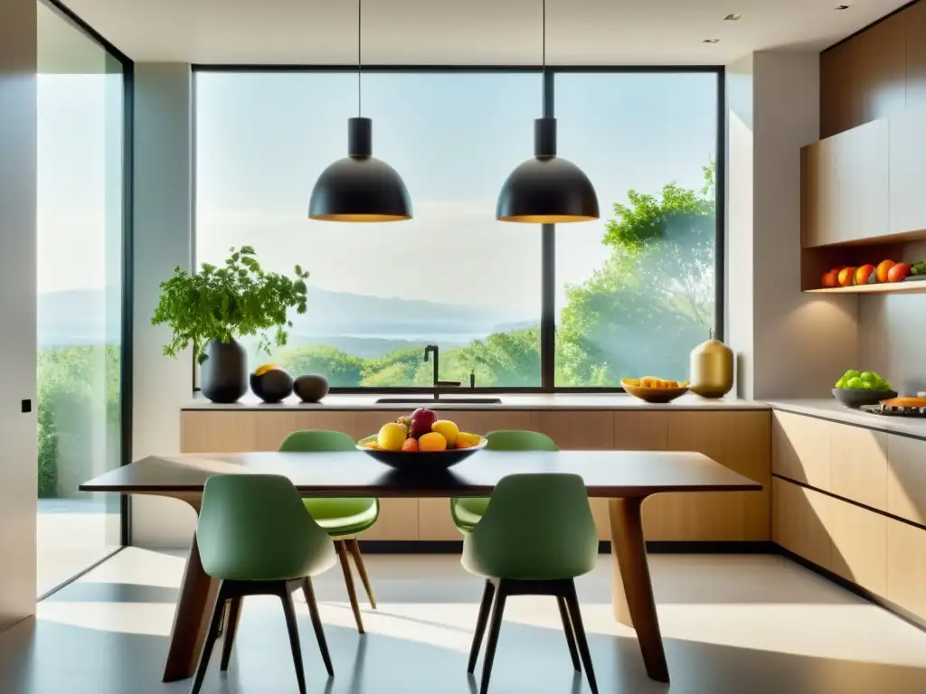 Una cocina minimalista con abundante luz natural que ilumina una encimera despejada, decorada con frutas frescas y vegetales vibrantes