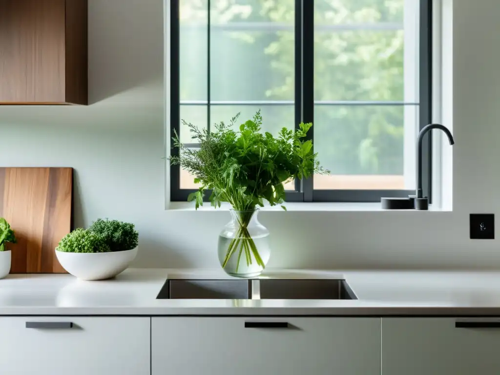 Cocina minimalista con abundante luz natural y toques verdes