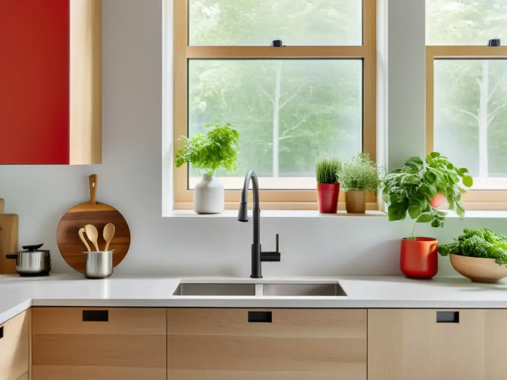 Una cocina minimalista con colores Feng Shui para cocina, luz natural, y equilibrio entre modernidad y elementos naturales