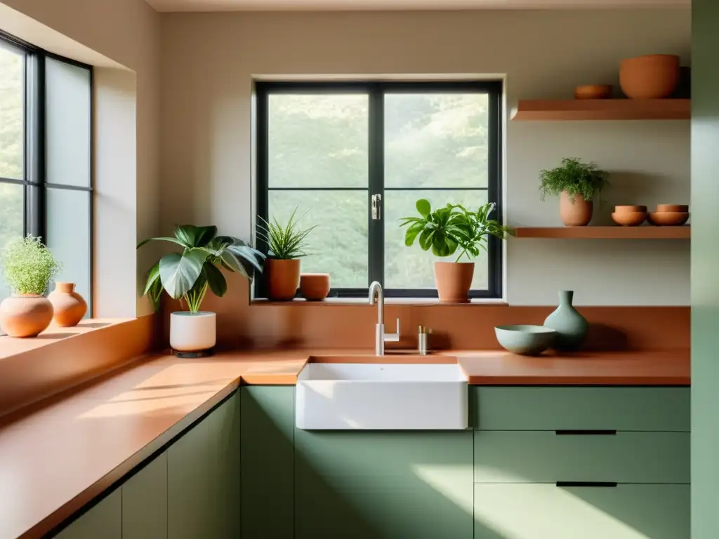 Cocina minimalista con colores Feng Shui, tonos suaves y ambiente tranquilo iluminado por luz natural