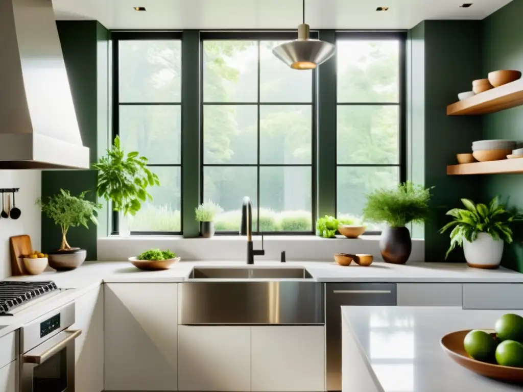 Una cocina minimalista y elegante con armonía natural, luz y plantas