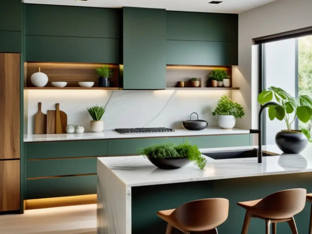 Cocina minimalista con encanto natural y equilibrio cromático Una cocina minimalista y elegante con equilibrio de colores y toques verdes