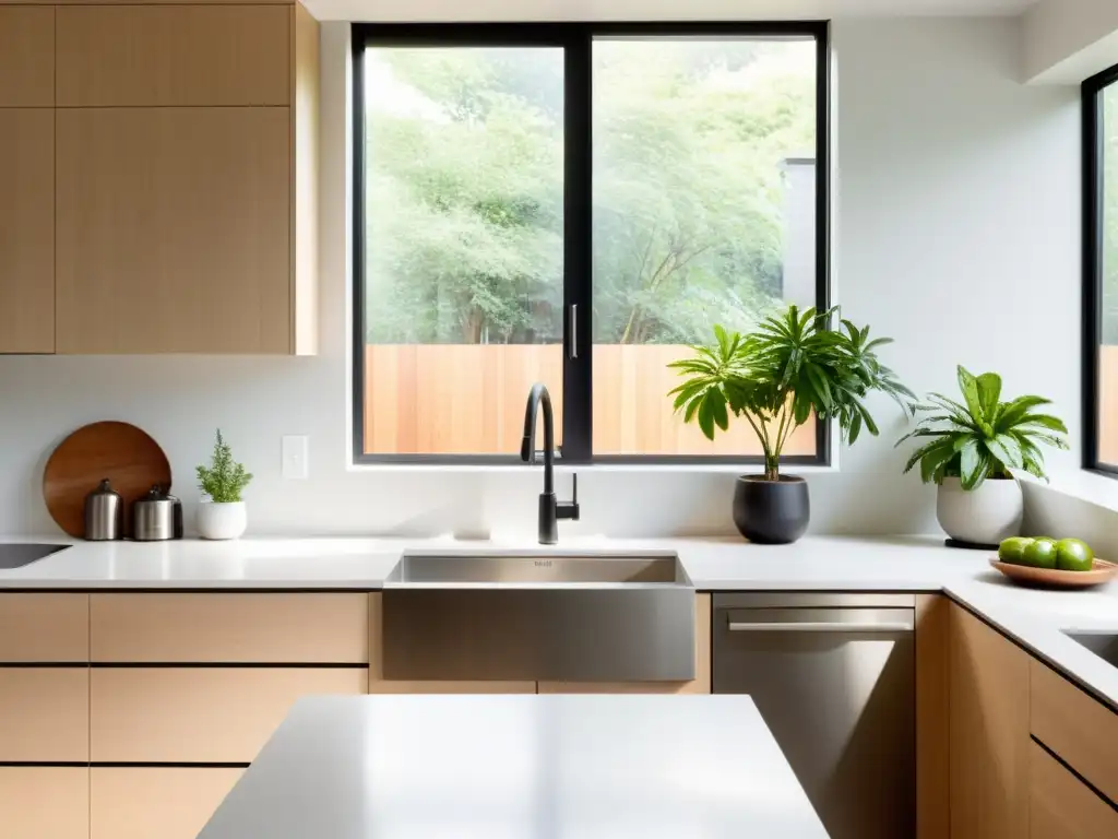 Una cocina minimalista con elementos Feng Shui, iluminada por luz natural