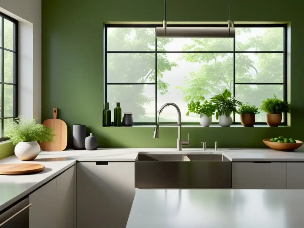 Transforma tu cocina con Feng Shui: cocina minimalista con encimeras blancas, electrodomésticos de acero inoxidable y hierbas en la ventana