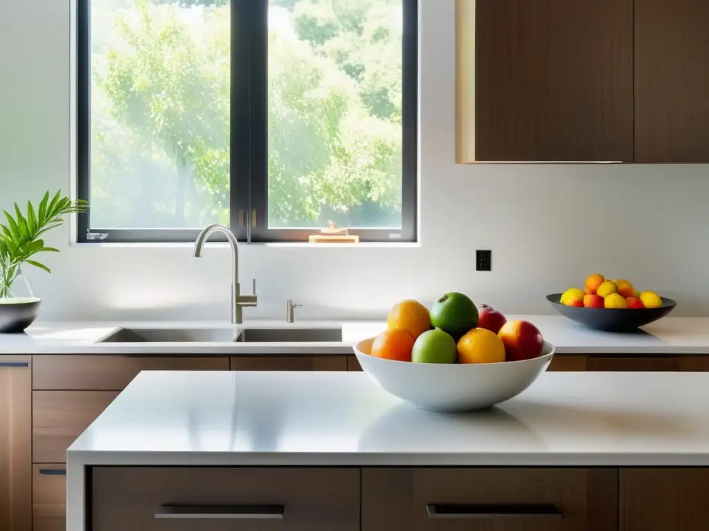 Una cocina minimalista con encimeras blancas impecables, electrodomésticos de acero inoxidable y un toque de color de un tazón de fruta fresca