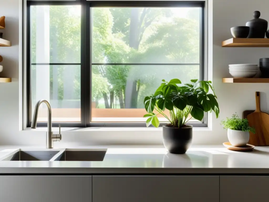 Una cocina minimalista con encimeras blancas impecables, electrodomésticos de acero inoxidable y toques de verdor en una planta en el alféizar