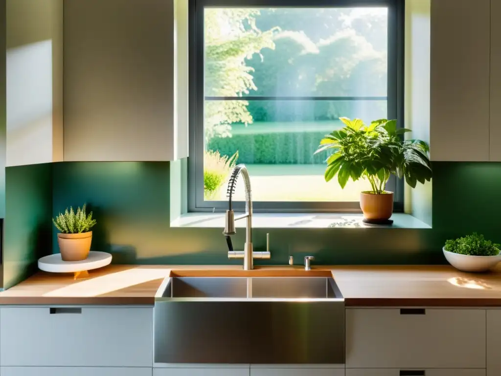 Una cocina minimalista con fregadero de acero inoxidable bajo ventana, iluminada por luz natural