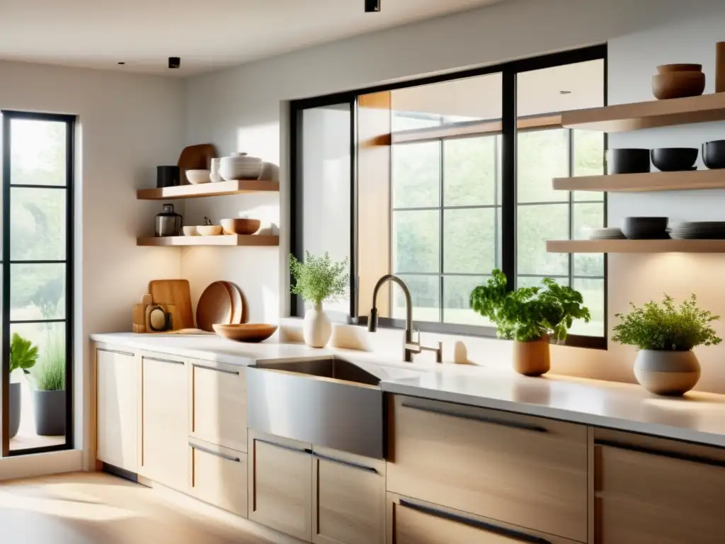 Cocina minimalista con luz natural, elegante y organizada