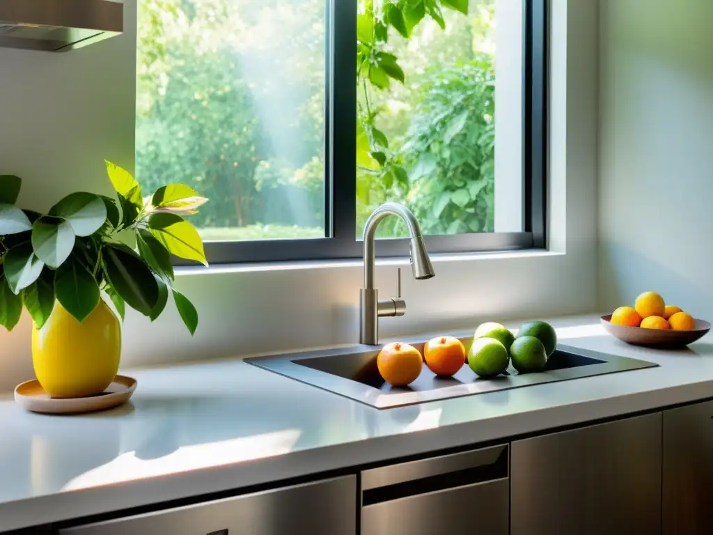 Una cocina minimalista con luz natural, frutas frescas y armonía