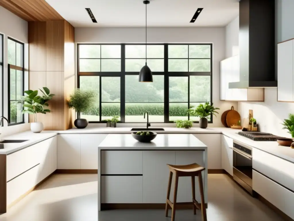 Transforma tu cocina con Feng Shui: Cocina minimalista con luz natural, plantas y armonía