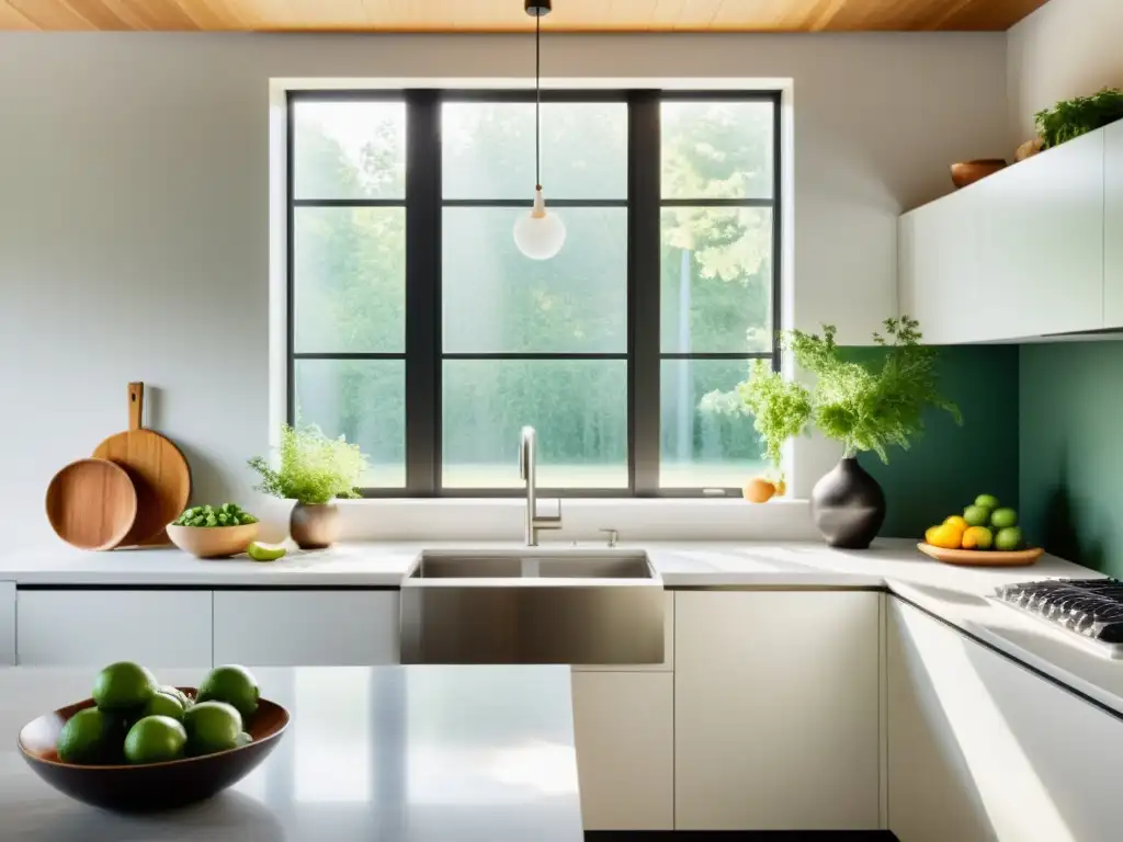 Una cocina minimalista con luz natural, ambiente sereno y toques de naturaleza