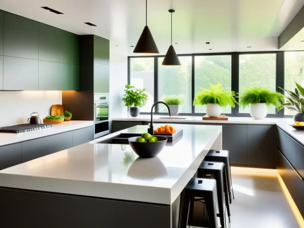 Una cocina minimalista con luz natural, plantas verdes y utensilios cuidadosamente seleccionados