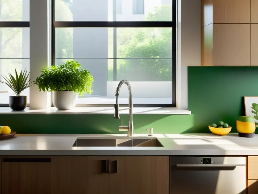 Una cocina minimalista con luz natural, plantas verdes y armonía