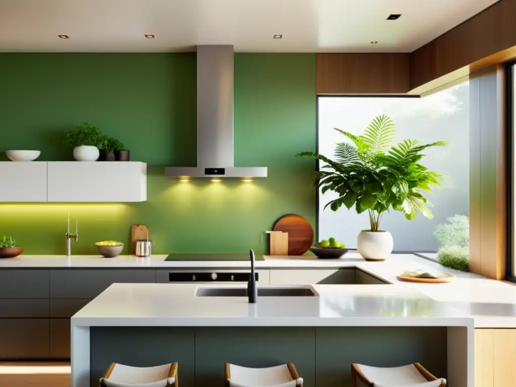 Una cocina minimalista con luz natural, plantas verdes y sensación de abundancia