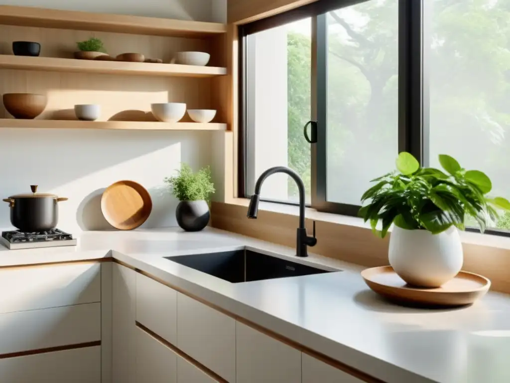 Cocina minimalista con toques de naturaleza y luz natural