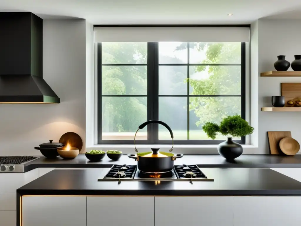 Ubicación estufa Feng Shui en cocina minimalista con armonía y prosperidad