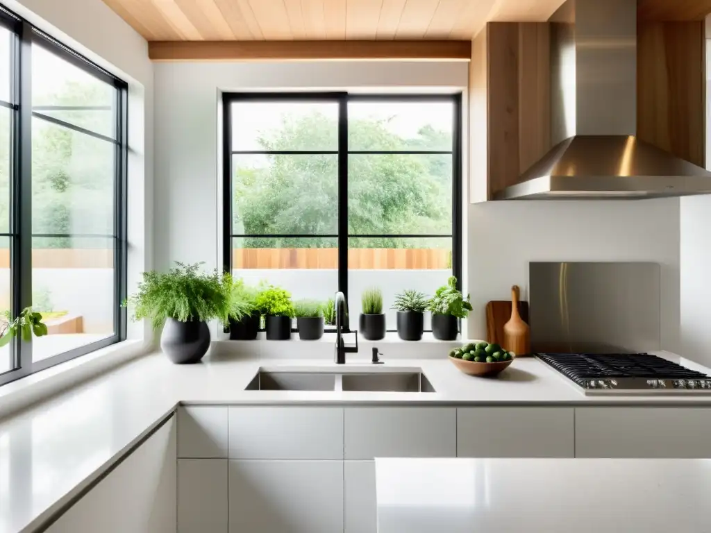 Una cocina moderna y elegante con elementos de Feng Shui, armonía y una decoración minimalista