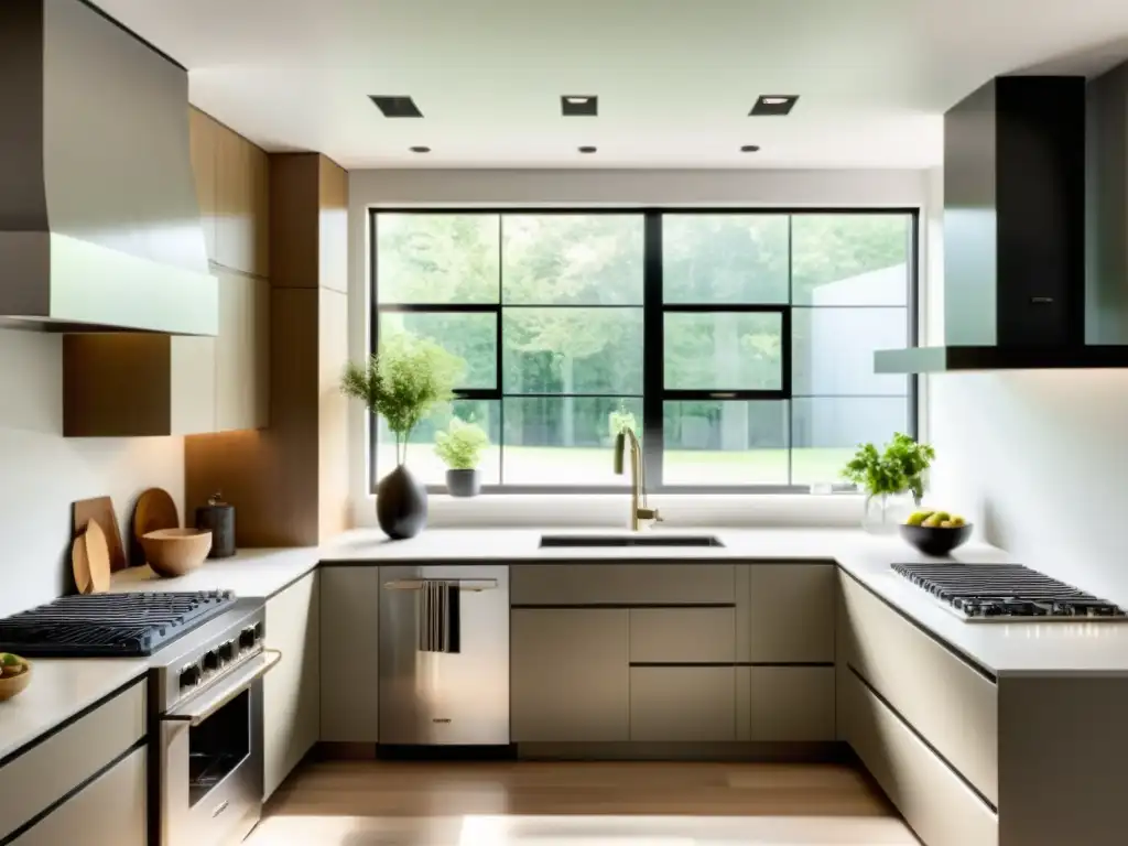 Una cocina moderna con ubicación estufa Feng Shui, líneas limpias y decoración minimalista, bañada en luz natural y armonía