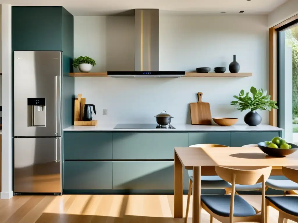 Una cocina moderna y minimalista con electrodomésticos de acero inoxidable, organizados según los principios del Feng Shui