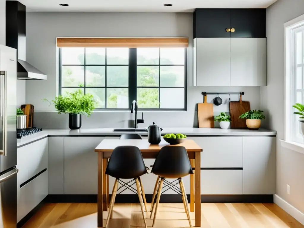 Una cocina pequeña y minimalista con detalles de Feng Shui, mesada de granito negro y muebles blancos