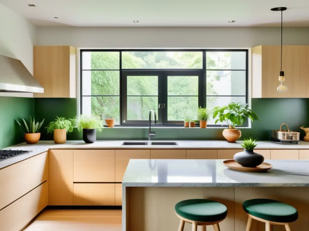 Una cocina serena con diseño Feng Shui, iluminada y minimalista