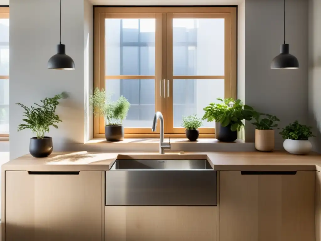 Una cocina serena y minimalista con iluminación Feng Shui, transmitiendo calma y equilibrio con sus tonos neutros y toques de vegetación