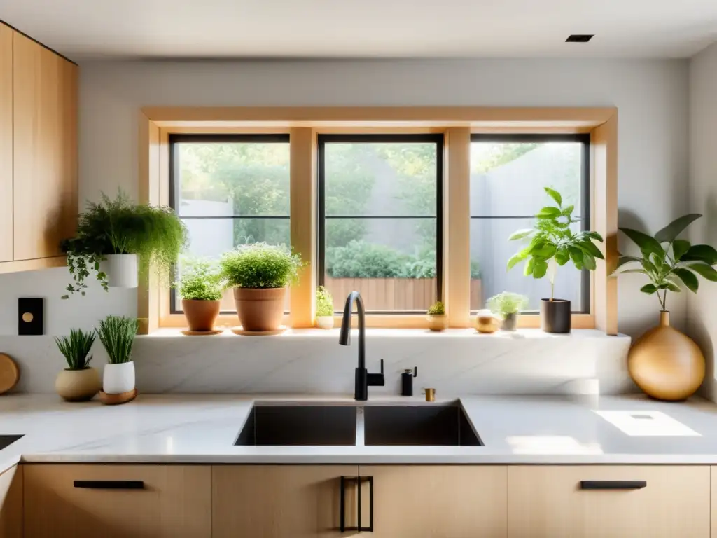 Una cocina serena y minimalista con consejos Feng Shui para cocinas pequeñas, iluminada por la luz natural que resalta su equilibrio y calma