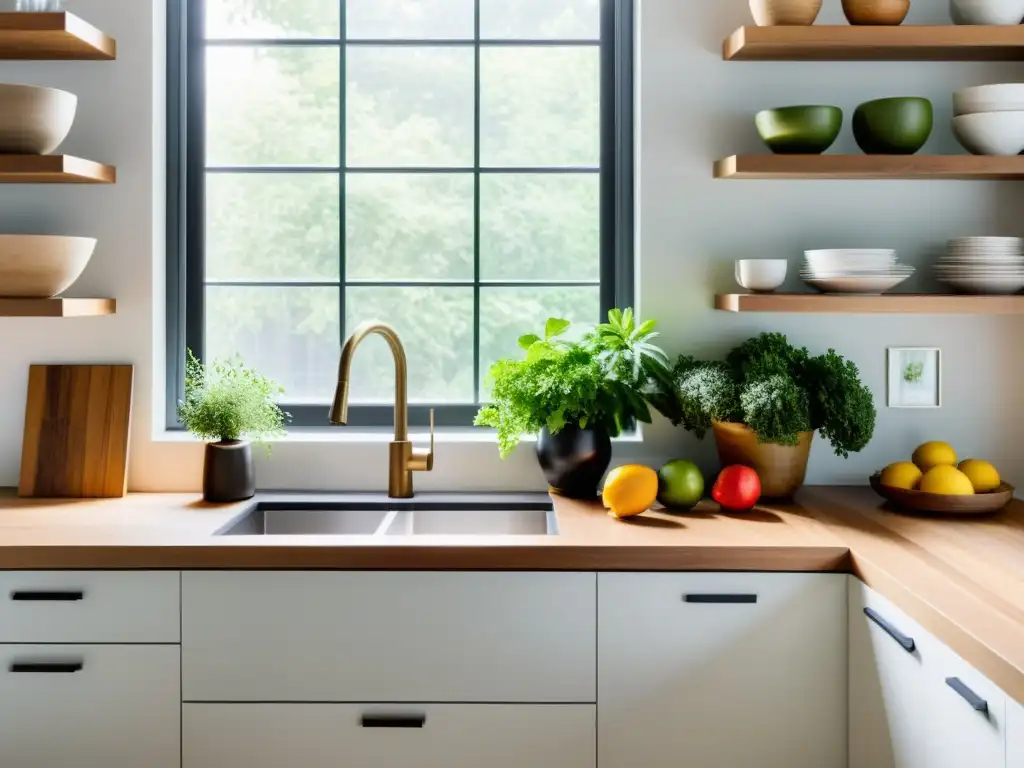 Una cocina serena y minimalista con luz natural suave, detalles de madera y frutas frescas