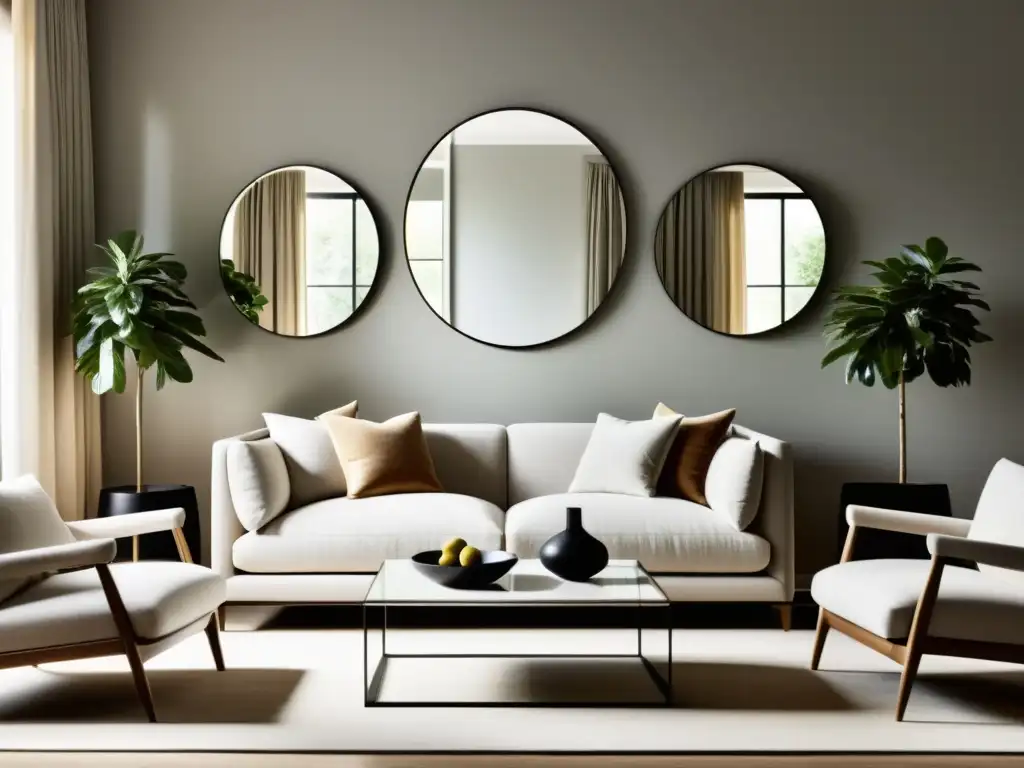 Colocación correcta de espejos Feng Shui en un elegante salón minimalista, con reflejos de luz natural y armonía espacial