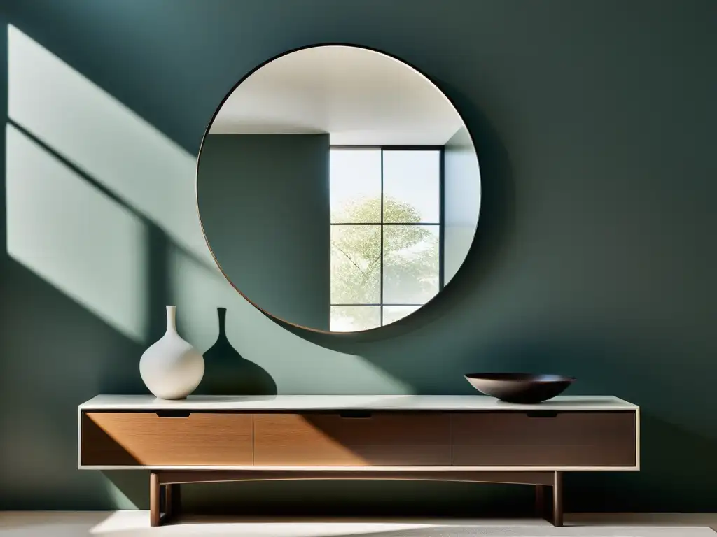 Colocación correcta espejos Feng Shui: Reflejo sereno en habitación soleada, equilibrio y armonía en la composición